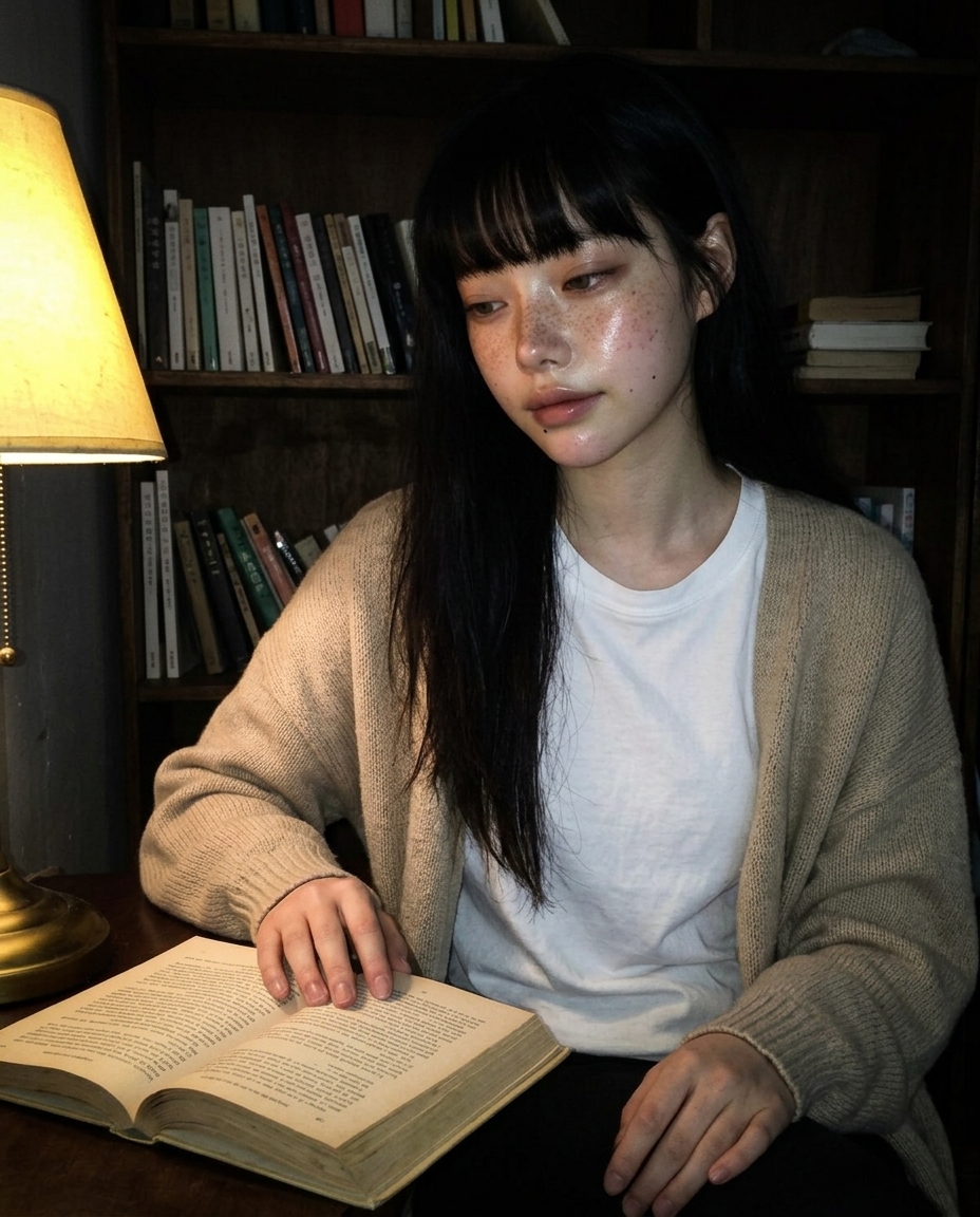 베이지 카디건 새벽이가 책상 앞 펼친 책 위 손가락 올리고 정면 응시