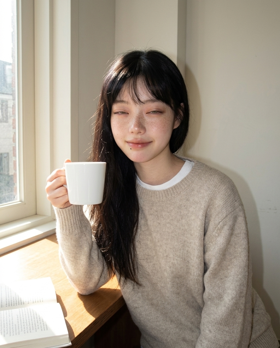 창가 책상에 앉아 흰 머그를 들고 늦은 아침 햇살을 받으며 옅게 웃는 오트밀색 니트 차림의 여성, 책상 위 펼쳐진 책