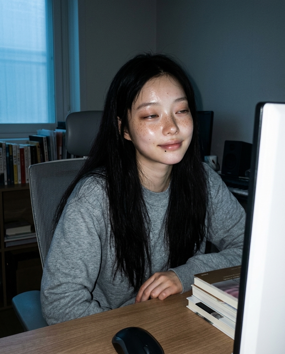 블루아워 작업방 창가 푸른빛과 모니터 흰빛이 섞인 미디엄 클로즈업