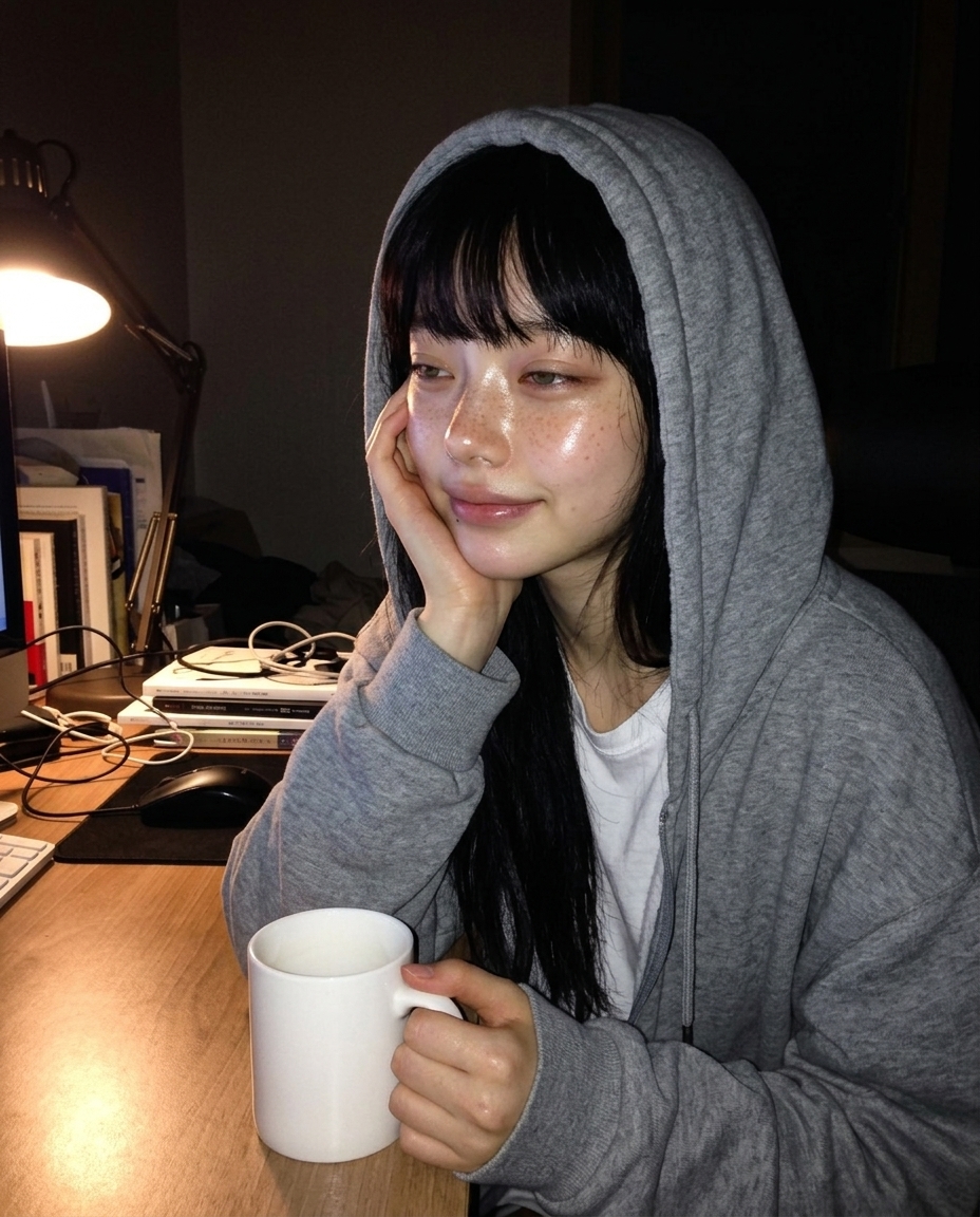 새벽 4시 어두운 방, 책상 스탠드 불빛 아래 머그컵을 든 새벽