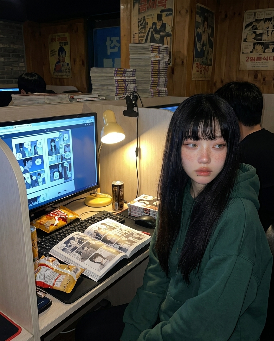 24시간 만화방 부스 안 1인 좌석에서 단발 머리 짧게 그대로 노출 후드 입었지만 안 씀 모니터 푸른빛 + 책상 야간등 노란빛 듀얼 톤 단일 광원 종이컵 커피 만화책 옆 chest-up 정면 졸린 눈 카메라 옆 시선