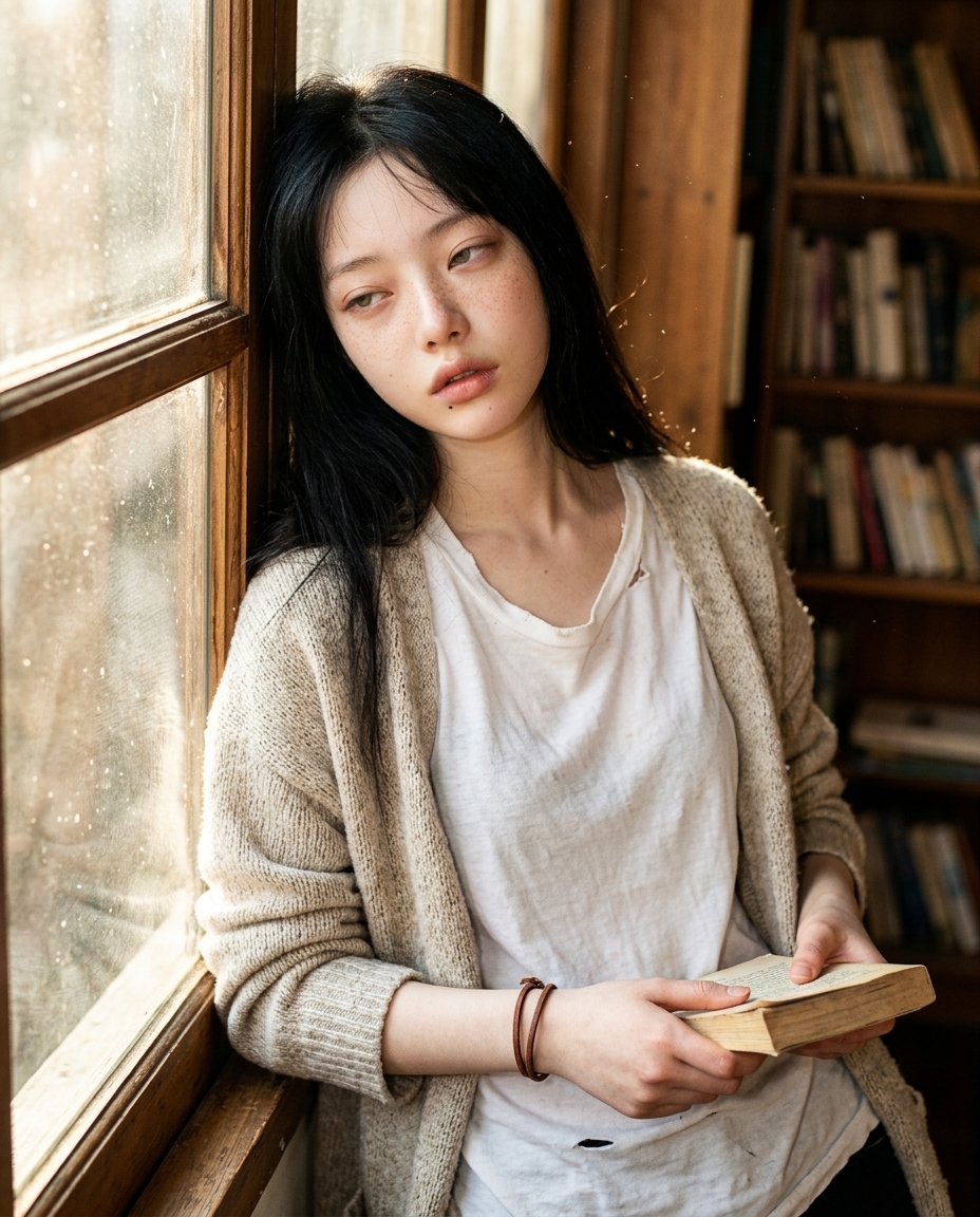 창가 헌책방에서 낡은 문고본을 들고 졸린 눈으로 비스듬히 앉은 창백한 피부 주근깨의 인물, 오후 역광