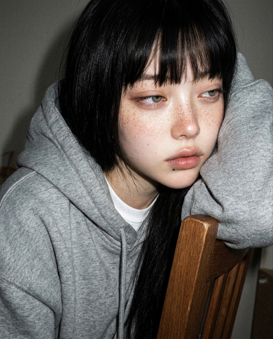 회색 후디 입은 새벽이가 빈 책상 옆 의자에 깊이 기대 앉아 측면 어깨 위 클로즈업. 졸린 반쯤 감긴 눈, 주근깨, 늦은 오후 자연광