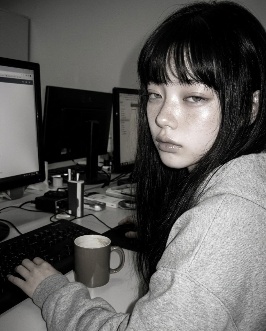 회색 후드 흰 티 보이는 작업방 의자에 비스듬히 앉아 카메라 향한 졸린 표정 셀카, 책상에 머그, 측면 창 자연광