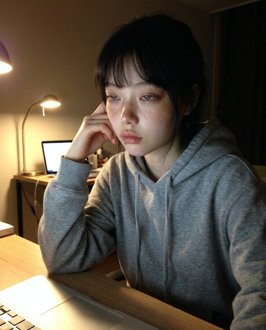 회색 후드티 끈 양쪽 늘어뜨린 졸린 눈 인물, 책상 위 노트북 앞, 램프 호박색 빛