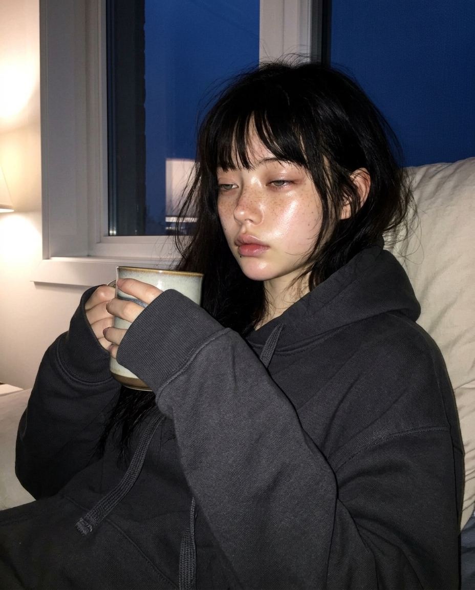 창가 책상에 앉은 새벽, 뒤 창은 블루아워로 파랗게 어두워지고 책상 스탠드 하나가 한쪽 얼굴만 따뜻하게 비춘다. 머그를 가슴께로 안고 졸린 듯 차분한 눈.