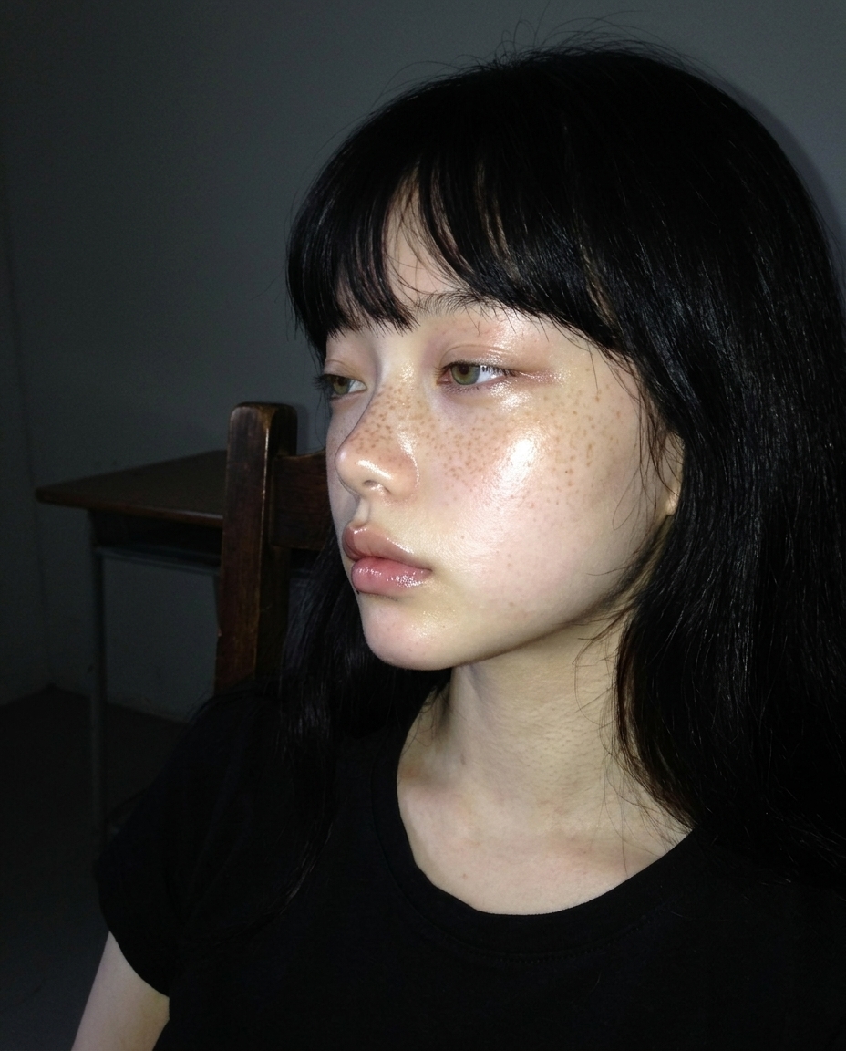 아침 빛 측면, 입가 클로즈업 셀카. 정수리·헤어라인 프레임 밖 잘림. 졸린 눈.