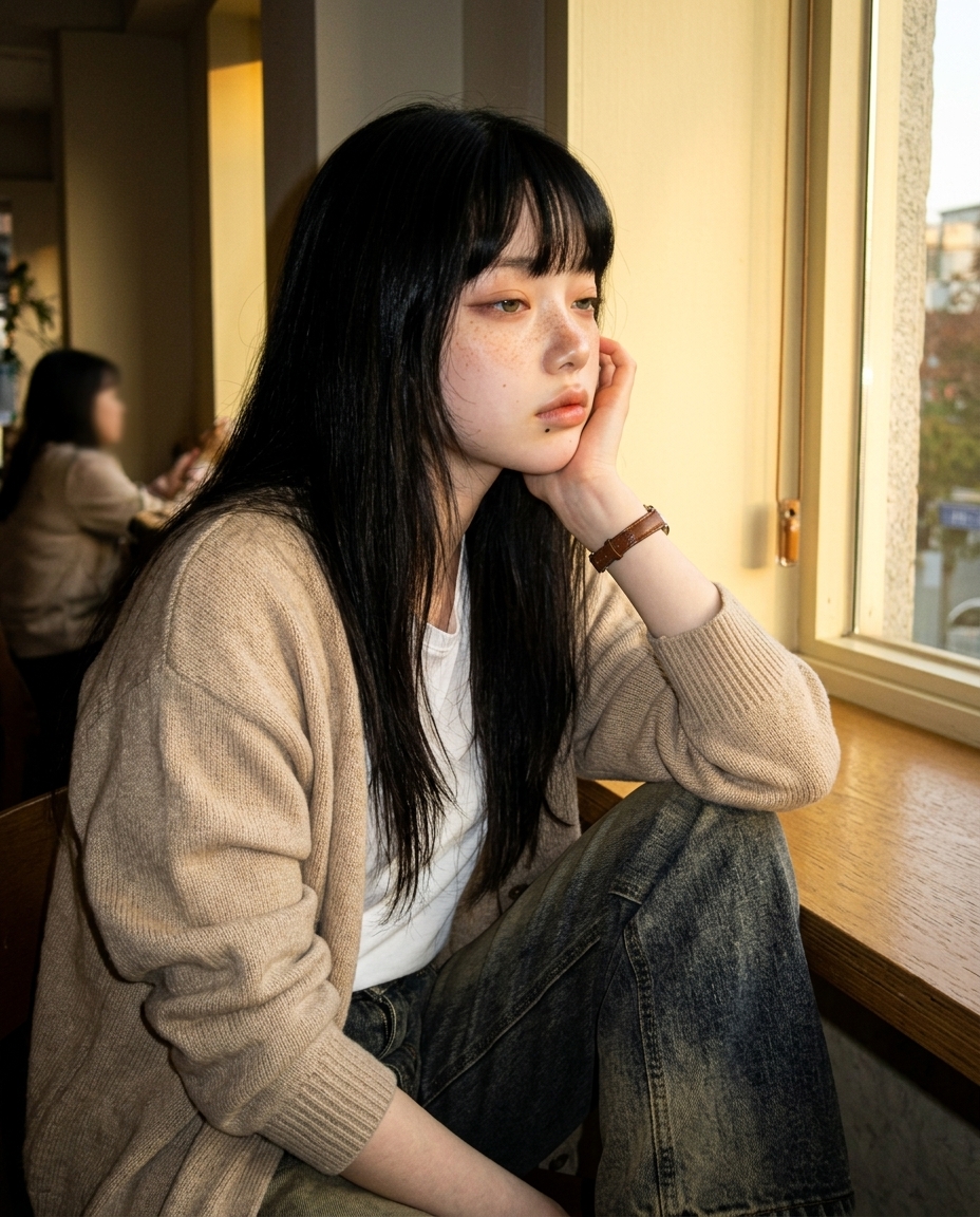 카페 창가에 늘어진 새벽이, 식어버린 라떼 컵 옆에서 카메라를 바라보는 셀카, 베이지 카디건