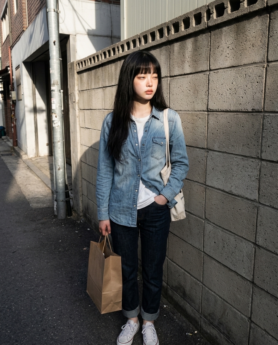 동네 골목 담벼락 옆에 잠시 멈춰 선 새벽. 한 손엔 갈색 슈퍼 종이가방, 다른 손은 청바지 주머니. 늦은 오후 황금빛이 측면에서 비스듬히.