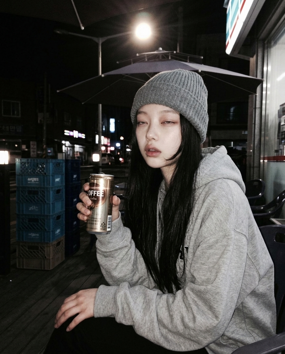 수요일 0시 편의점 야외 파라솔에 앉아있는 새벽이. 회색 후드와 비니, 캔커피 한 손