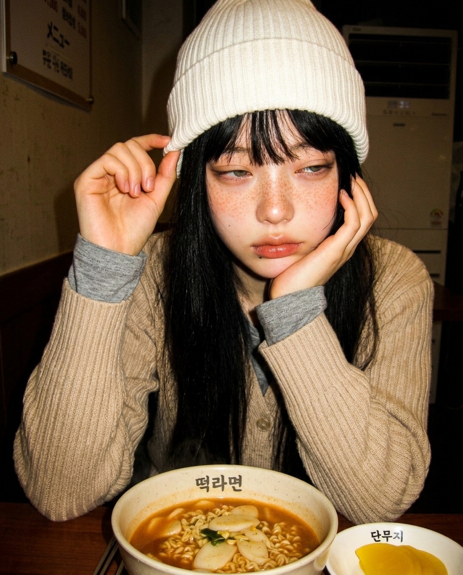 흰 비니 머리 가리기, 김밥천국 떡라면 그릇 앞에 손등 턱 받침, 노란 형광등 단일 광원 chest-up