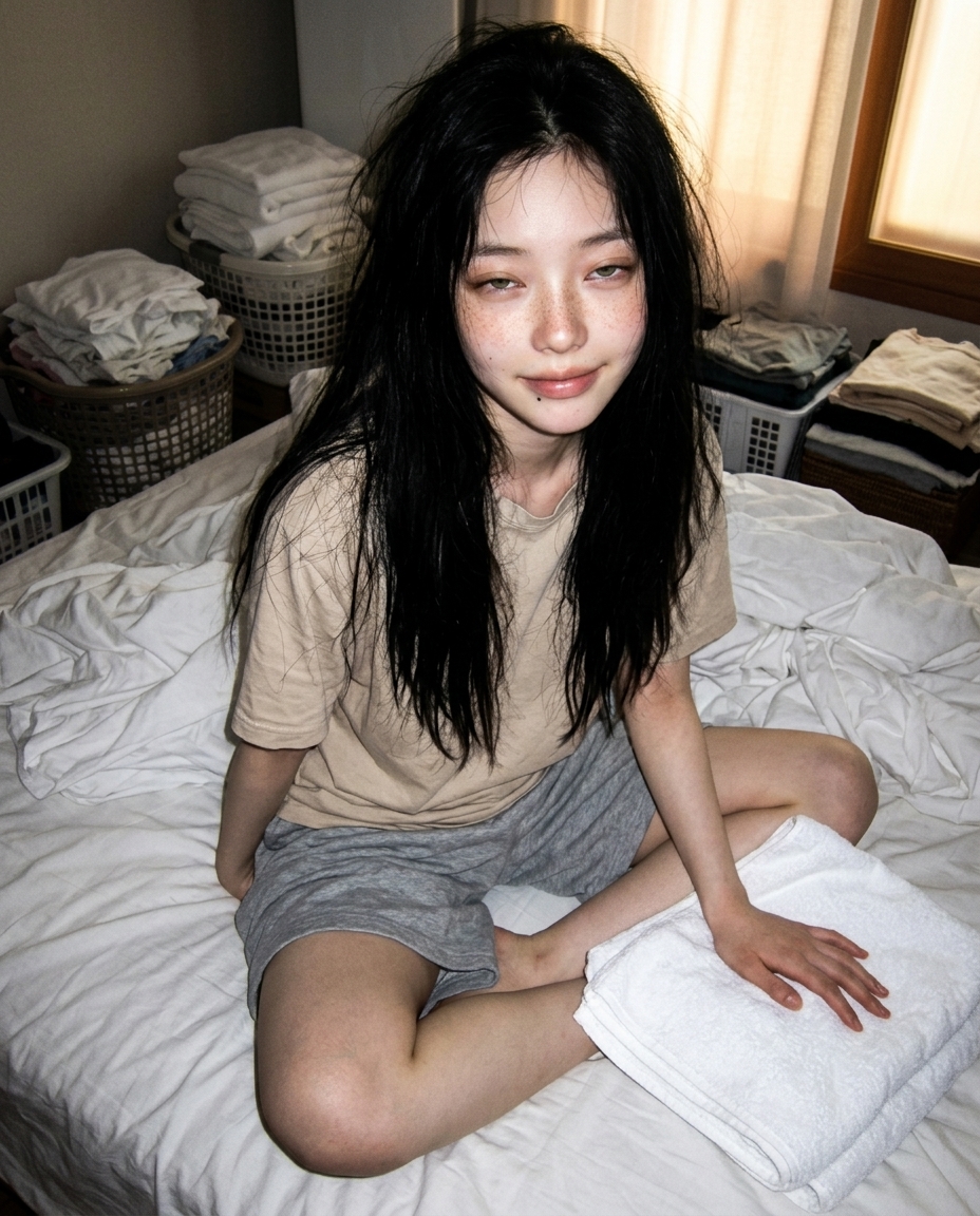 늦은 오후 황금빛이 드는 침실 창가에 무릎 안고 앉은 창백한 피부 주근깨의 졸린 눈 여성, 옆에 막 갠 흰 빨래 한 무더기