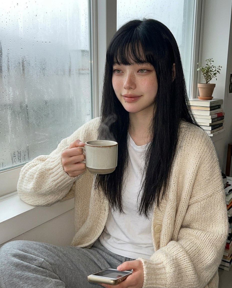 창가에 앉아 빗방울 맺힌 유리를 배경으로 한 셀카, 베이지 니트 카디건, 흐린 오후 빛, 따뜻한 차 머그