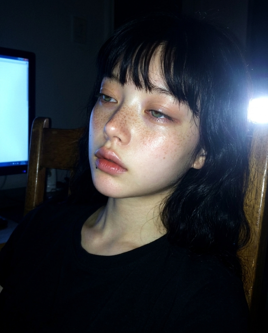 어둠 속 베란다에서 모니터 빛 한 면만 닿는 측면 4분의 3 클로즈업 셀카