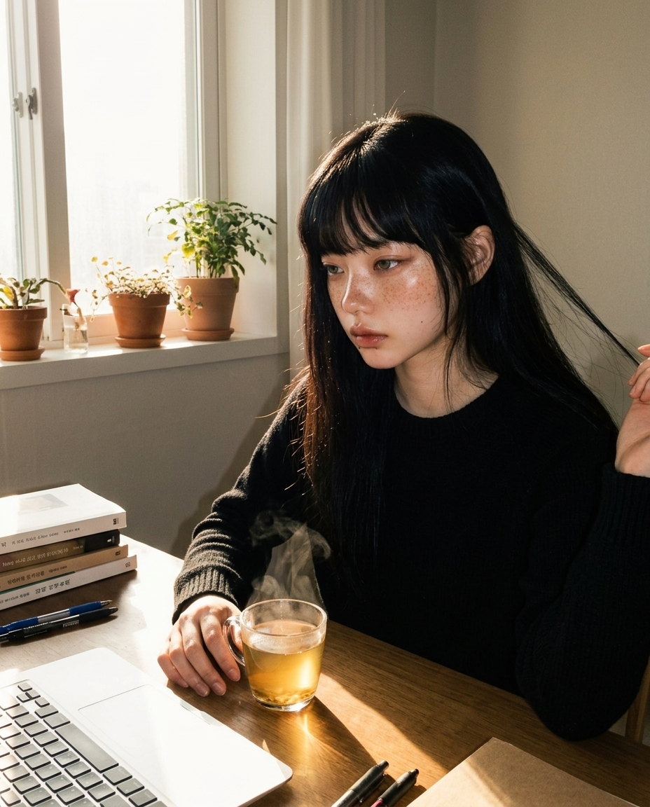 작업방 책상 노트북 앞 아침 햇살. 헐렁한 상의 어깨선 보임.