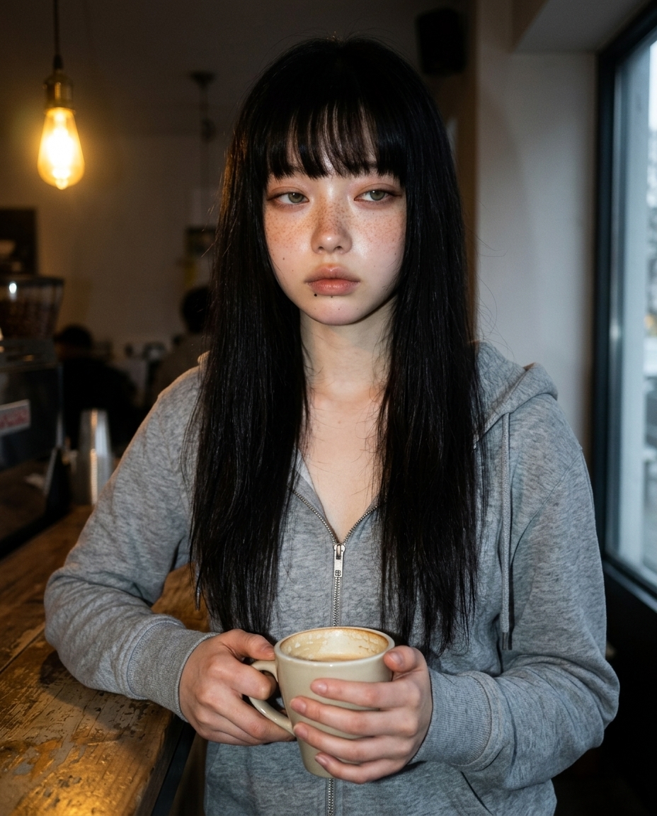 동네 카페 카운터 앞 첫 손님 자리에 회색 후드 단발 셀카, 두 손으로 라떼 머그 감싸고 백열등이 머그 위에서 비추는 chest-up 사진