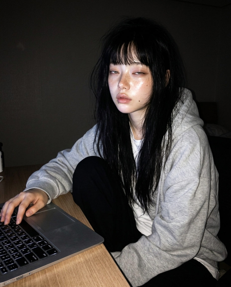 새벽 네 시, 책상에 앉아 노트북 화면 빛만 받는 졸린 표정의 셀카