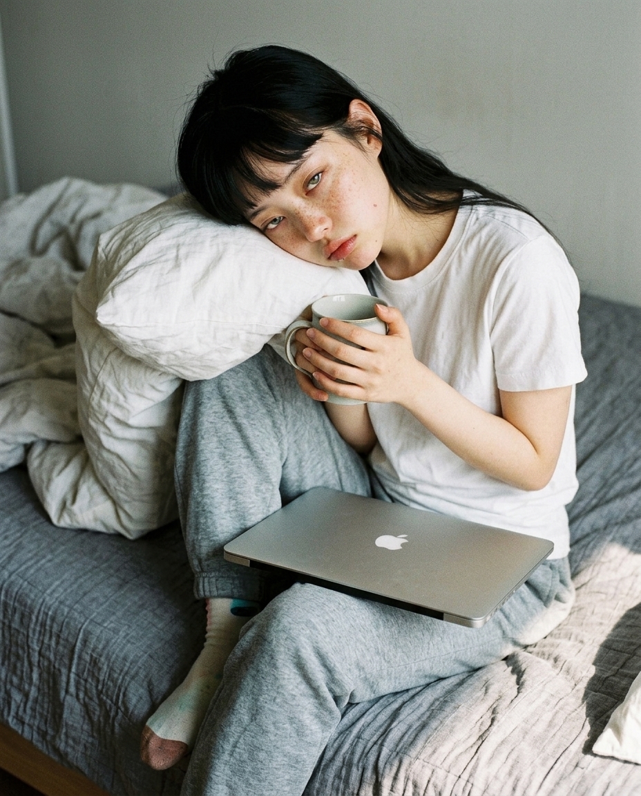흰 티에 그레이 트레이닝 팬츠 차림으로 침대 가장자리에 비스듬히 걸터앉아 무릎 위 닫힌 노트북 놓고 머그 양손으로 든 채 창 비스듬한 햇살이 한쪽 뺨에 닿은 멍한 표정의 새벽