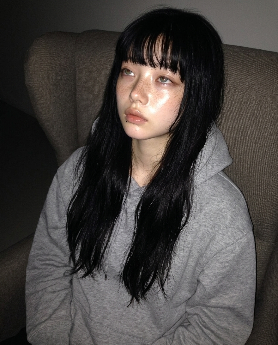 회색 후드티 입은 새벽이가 어두운 작업방에서 아무것도 없는 빈 책상 앞 의자 등받이에 깊이 기대 측면 4분의 3 각도로 어깨 위 클로즈업
