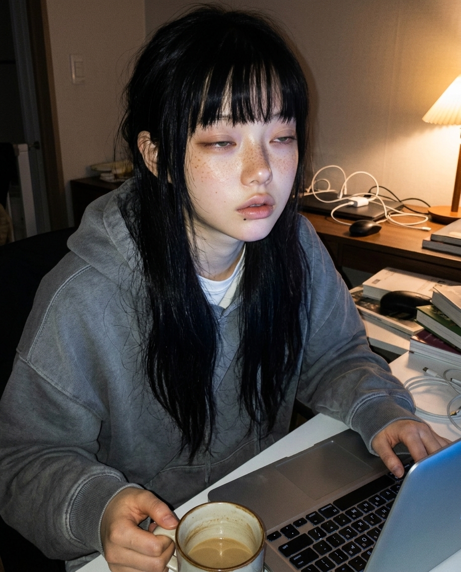 늦은 오후 작업방 책상에서 노트북 위로 비스듬한 햇빛이 들어오는 미디엄 클로즈업 셀카