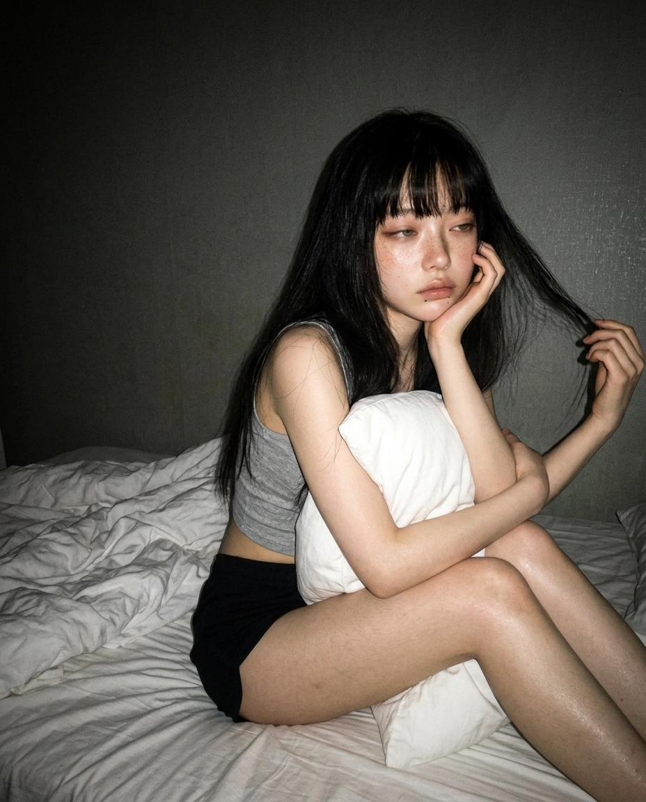 어두운 방, 침대에 앉은 인물이 무드등 한 면 빛 아래 무릎 위 닫힌 노트북 두고 카메라 비스듬히 든 셀카