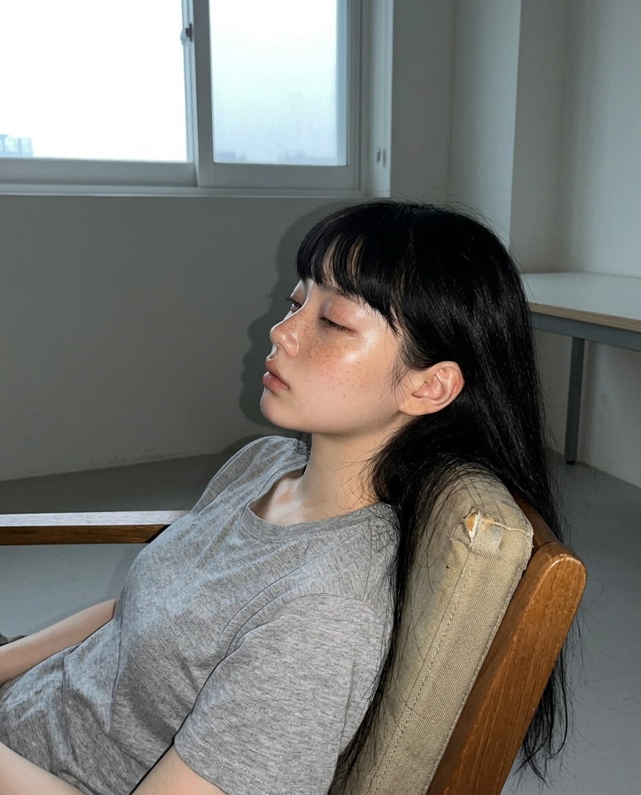 어둑한 작업방 책상 앞 측면 4분의 3 각도 어깨 위 클로즈업 짧은 검은 단발 회색 티셔츠 머리 위 가림 0개