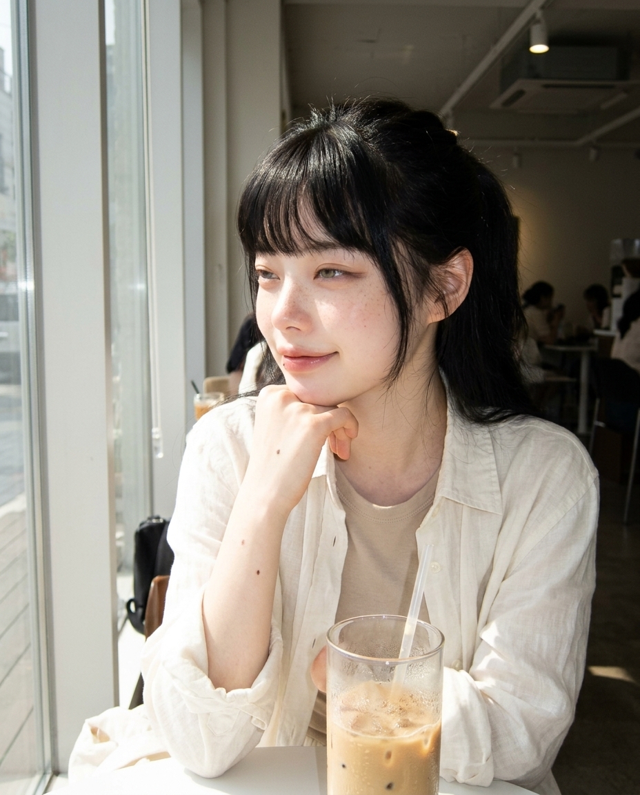 창가 카페 테이블에 앉아 물방울 맺힌 아이스 음료를 들고 오전 햇살에 눈을 가늘게 뜬 창백한 피부 주근깨의 젊은 여성