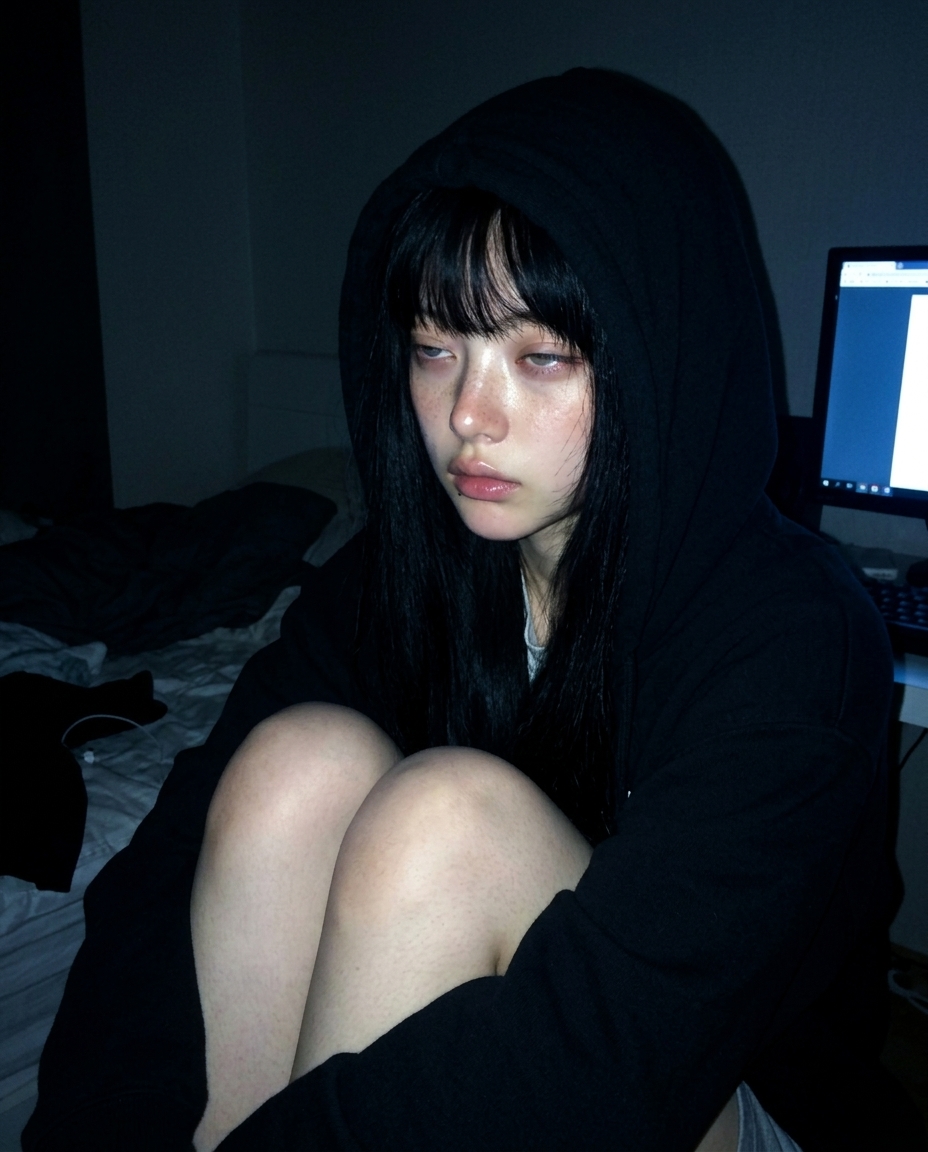 어두운 방에서 노트북 모니터의 푸른빛을 한쪽 얼굴에 받으며 검은 후드를 뒤집어쓴 채 졸린 눈으로 카메라를 보는 인물의 로우키 셀카