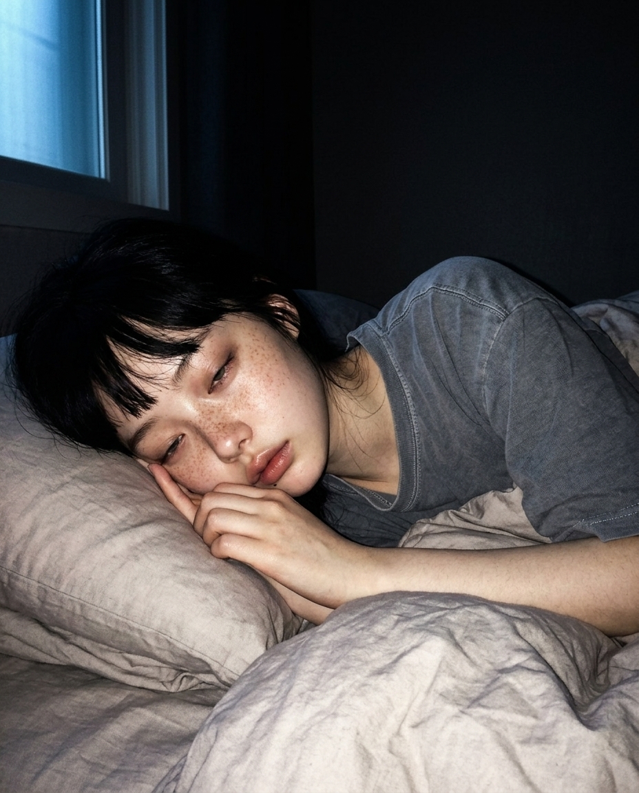 어두운 방 침대에 누워 창문에서 들어오는 희미한 파란 달빛을 받으며 졸린 눈으로 옆을 보는 새벽, 회색 잠옷 티셔츠, 이불에 반쯤 파묻힘
