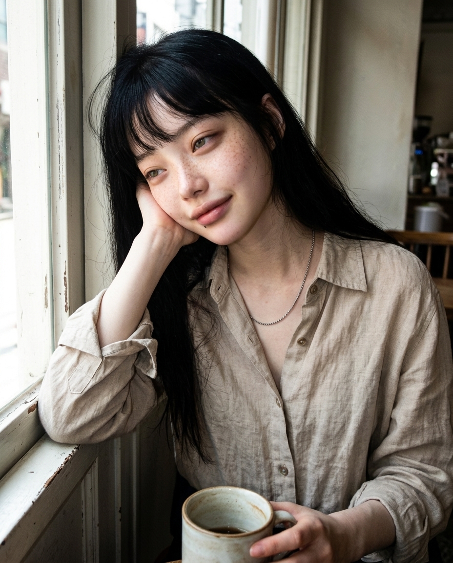 창가 카페에 앉아 턱을 괴고 졸린 눈으로 카메라를 보는 창백한 피부에 주근깨가 있는 인물, 베이지 린넨 셔츠, 정오의 측면광