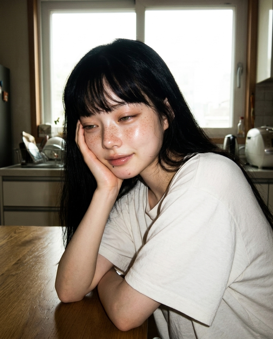 창백한 피부에 주근깨, 졸린 눈의 새벽이 일요일 정오 식탁에서 환한 자연광을 받으며 손에 턱을 괴고 있는 셀카