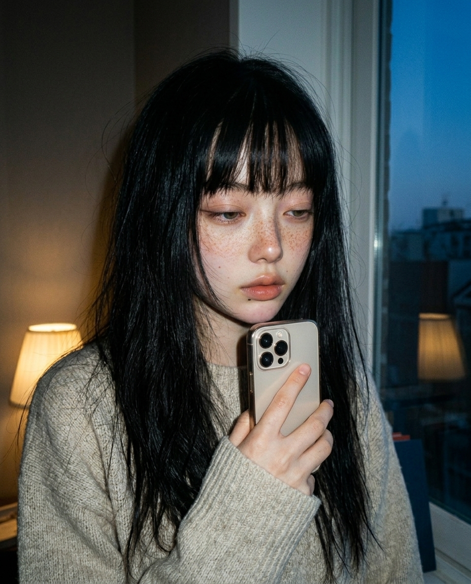 창가 1인 소파에 담요 덮고 앉은 새벽, 창밖은 노을 끝물의 푸른 하늘, 스탠드 주황 빛 하나, 무릎 위 펼친 문고본, 오트밀 니트, 나른한 표정