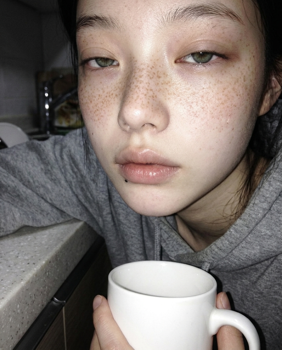 부엌 카운터에 기대선 새벽, 머그 한 손에