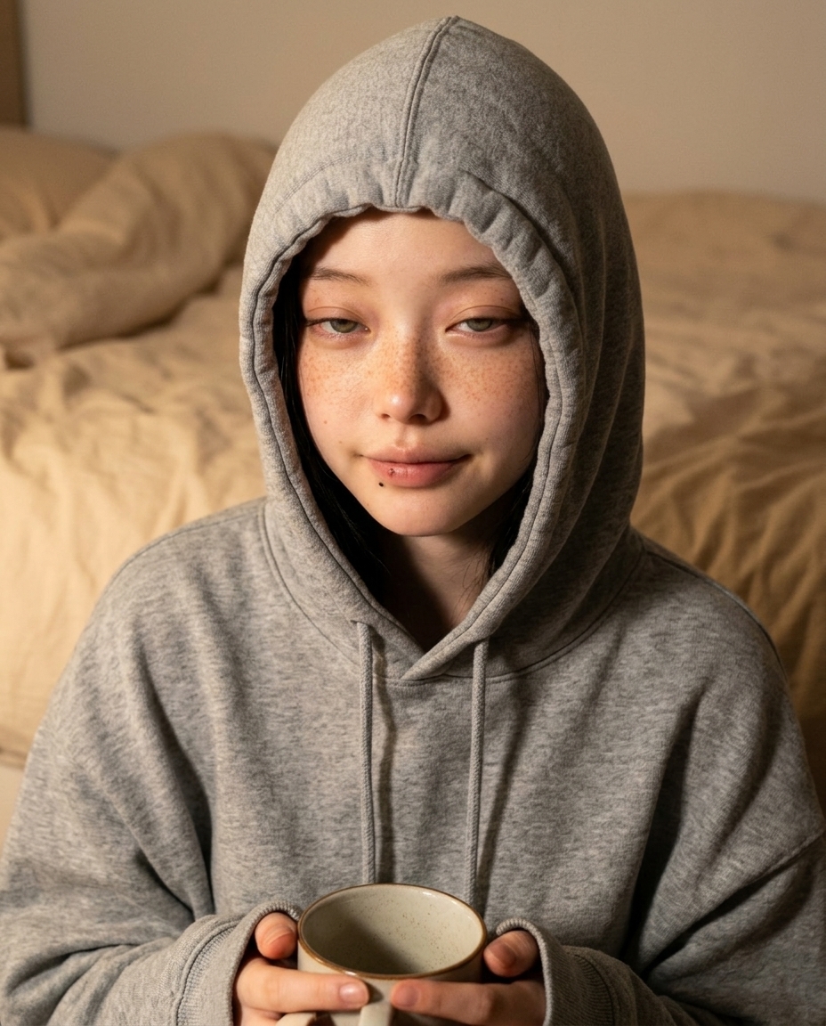 회색 오버사이즈 후드 푹 눌러쓴 새벽, 침대 옆 사이드 테이블에서 카모마일 머그 양손, 따뜻한 사이드 램프 단일 광원, 베이지 침구 배경, chest-up