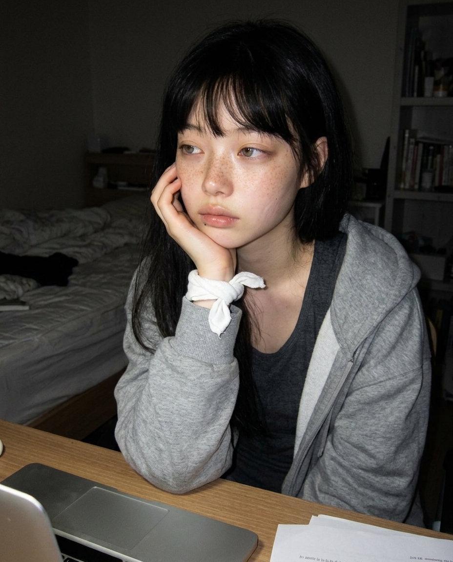회색 후드를 어깨에 걸친 채 책상에 엎드려 노트북 화면을 멍하니 바라보는 정면 가까운 셀프 카메라, 옅은 햇빛이 한쪽 뺨에만 비스듬히 비춤