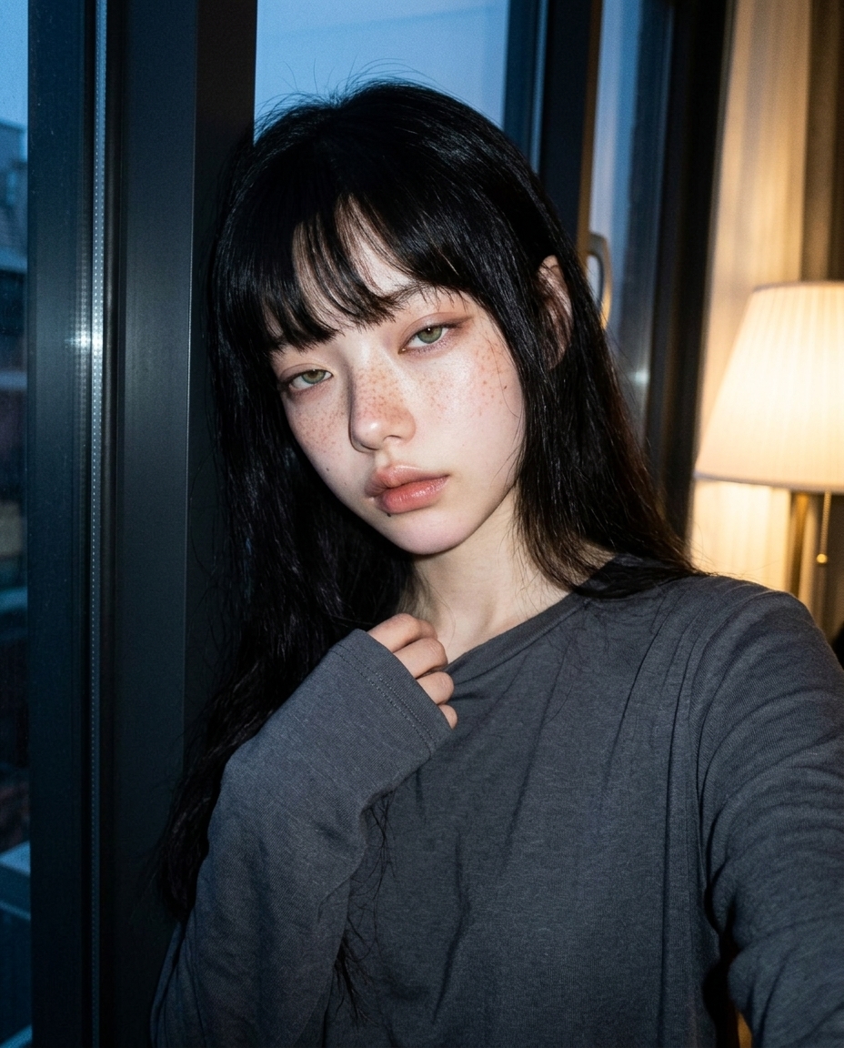 창백한 피부에 주근깨, 졸린 눈의 새벽이가 해 넘어간 직후 발코니 창가에 서 있다. 창밖은 짙은 파란 어스름, 뒤쪽 따뜻한 등불이 한쪽 얼굴을 비춘다.
