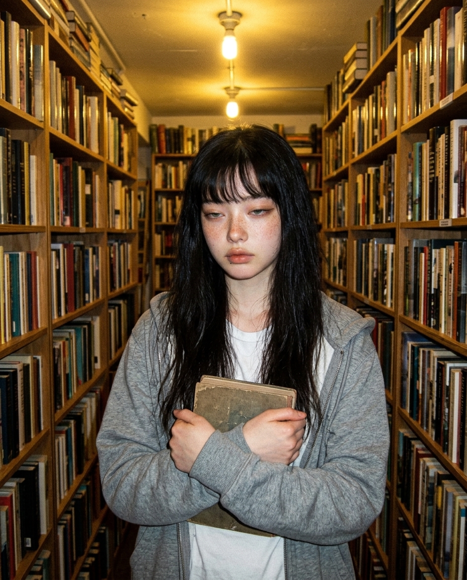 헌책방 좁은 통로에서 가슴 앞으로 책 한 권을 받쳐 들고 살짝 왼쪽 시선을 던지는 회색 후드 차림의 인물. 백열등 한 줄기가 위쪽에서 비스듬히 떨어지는 chest-up 컷
