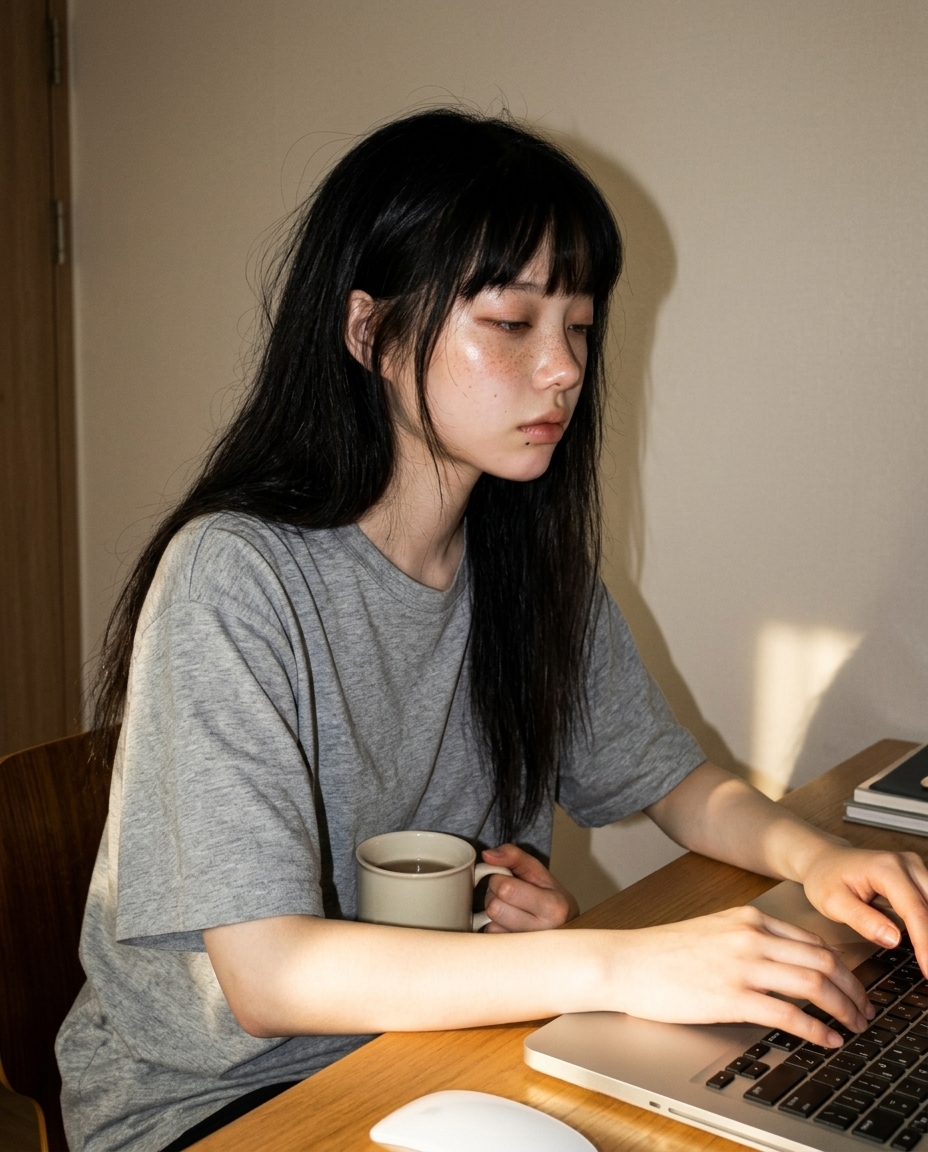 오후 햇살이 책상 끝에 떨어지는 작업방에서 노트북과 보리차 머그 옆 측면 클로즈업 셀카