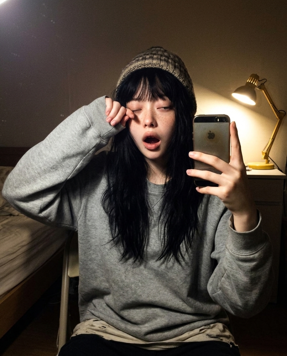 창백한 피부에 주근깨, 졸린 눈의 인물이 어두운 방 책상 앞에서 스탠드 하나만 켜둔 채 셀카를 찍고 있다