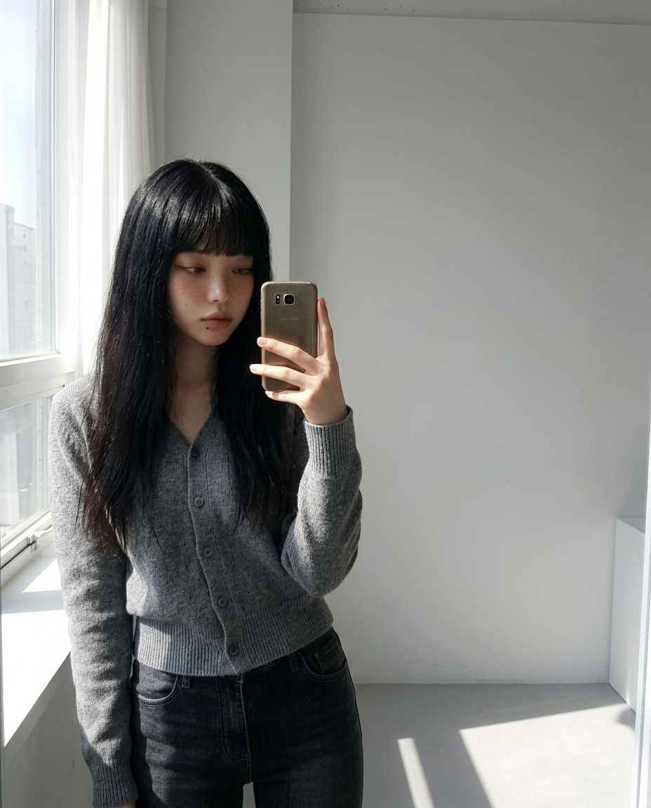 창가 햇살 속에서 식은 차를 든 채 졸린 눈으로 카메라를 보는 새벽