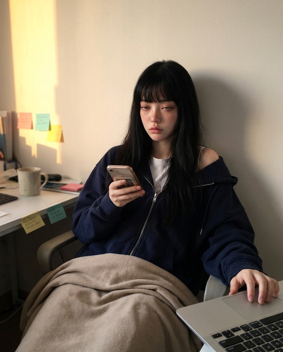 수요일 저녁 6시, 의자에 비스듬히 기대 폰 든 셀카. 반쯤 닫힌 노트북 옆, 노을이 책상 위로 들어옴