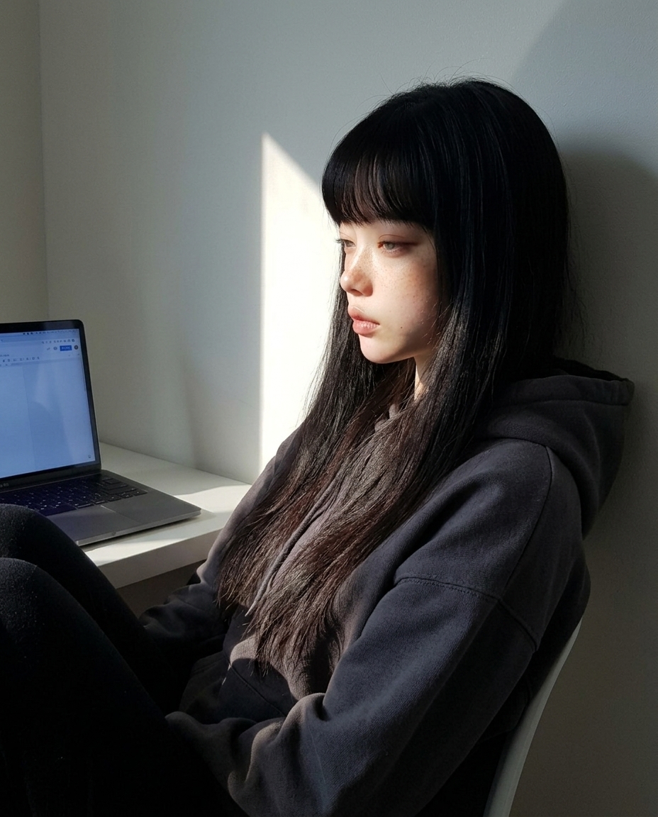 회색 후드티에 검은 긴 머리를 어깨 앞으로 흘린 새벽이가 의자 등받이에 깊이 기대 옆얼굴을 비스듬히 보여주는 측면 어깨 위 클로즈업 셀카. 책상에는 노트북만 있고 손은 화면 밖. 오후 햇살이 사다리꼴로 책상에 옅게 떨어진다.