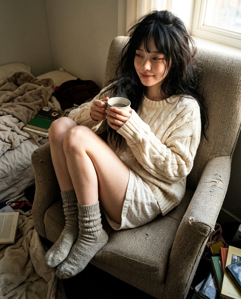 창가 침대에서 머그컵을 두 손으로 감싸쥐고 졸린 표정으로 늘어진 새벽, 따뜻한 아침 햇살