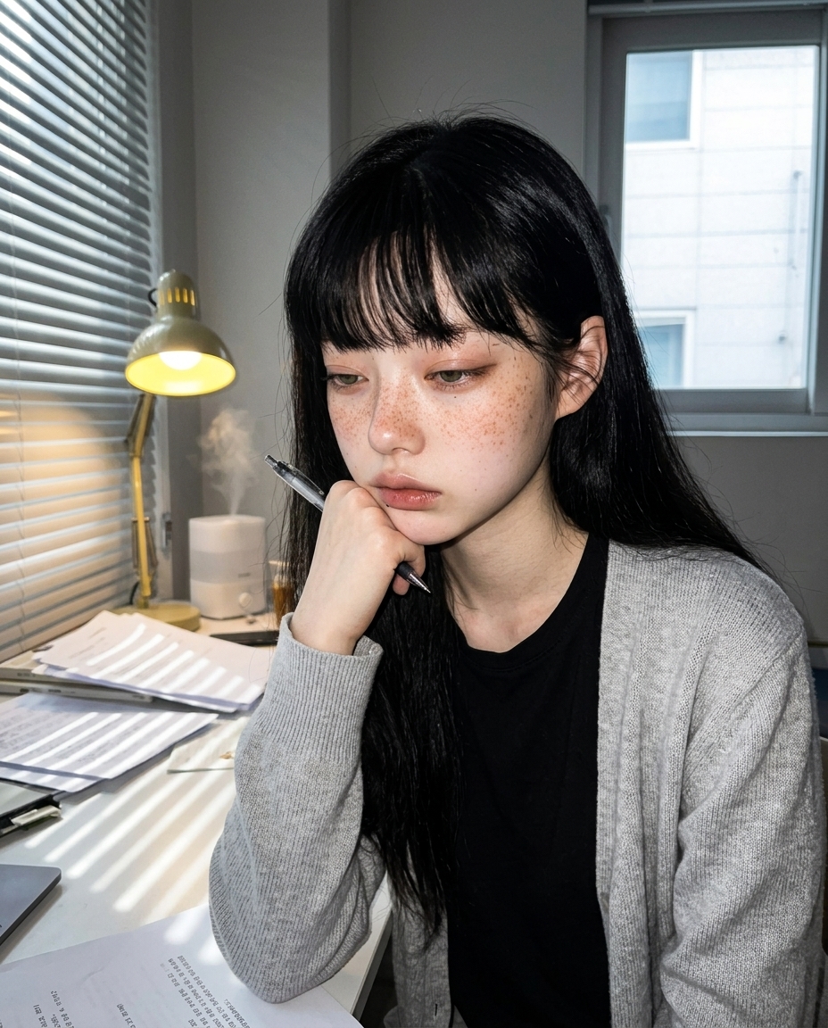 책상 모서리에 턱 괴고 옆에서 카메라 흘긋 보는 어깨 위 셀카. 오후 햇빛이 노란 쪽으로 기울고 가습기 김이 옅게 올라온다.
