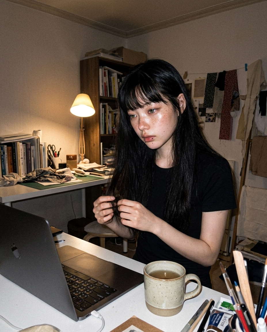 침대 가장자리에 한쪽 다리 접고 앉아 무릎 위 노트북 화면 보고 있는 측면 클로즈업