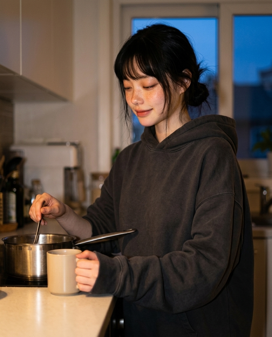 창백한 피부에 주근깨가 있는 졸린 눈의 여성이 따뜻한 전구색 부엌에서 후드를 입고 머그를 들고 있는 셀카, 창밖은 어스름한 푸른 저녁