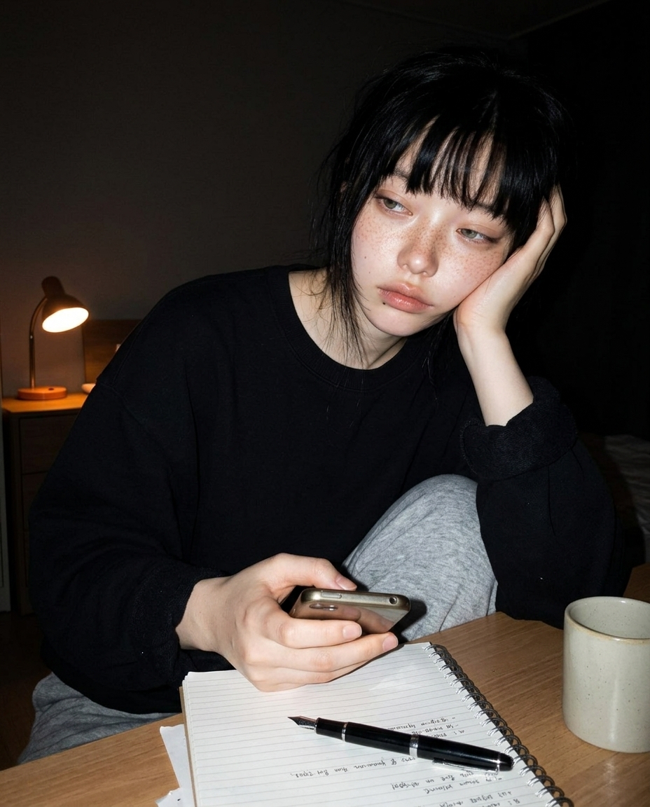 어두운 방 책상 앞에 앉은 새벽, 책상 스탠드 주황 빛 하나만 켜진 자정, 검정 맨투맨, 졸린 눈, 펼친 노트, half-body 셀카