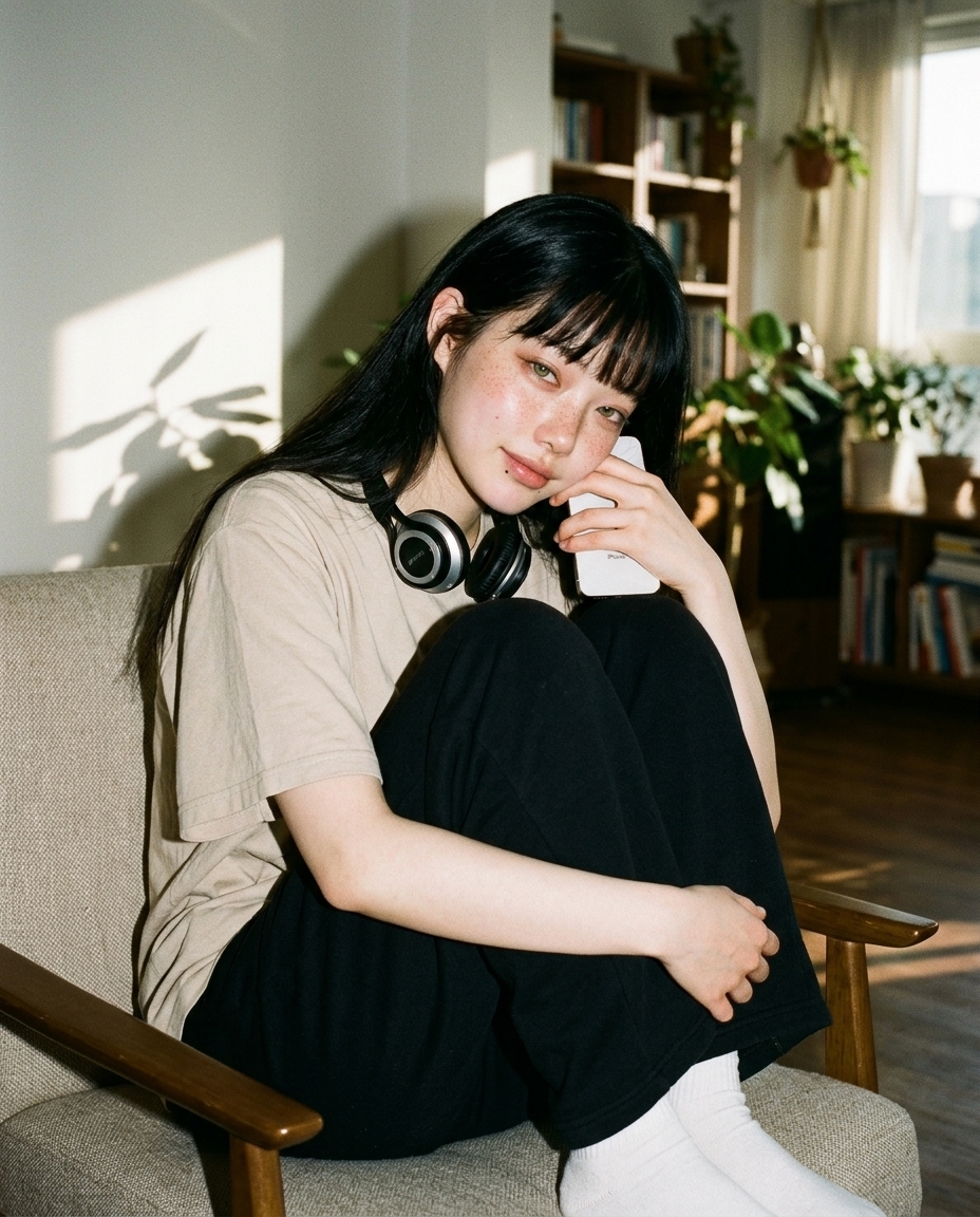 거실 햇빛 받으며 의자에 앉아 셀카 찍는 새벽이
