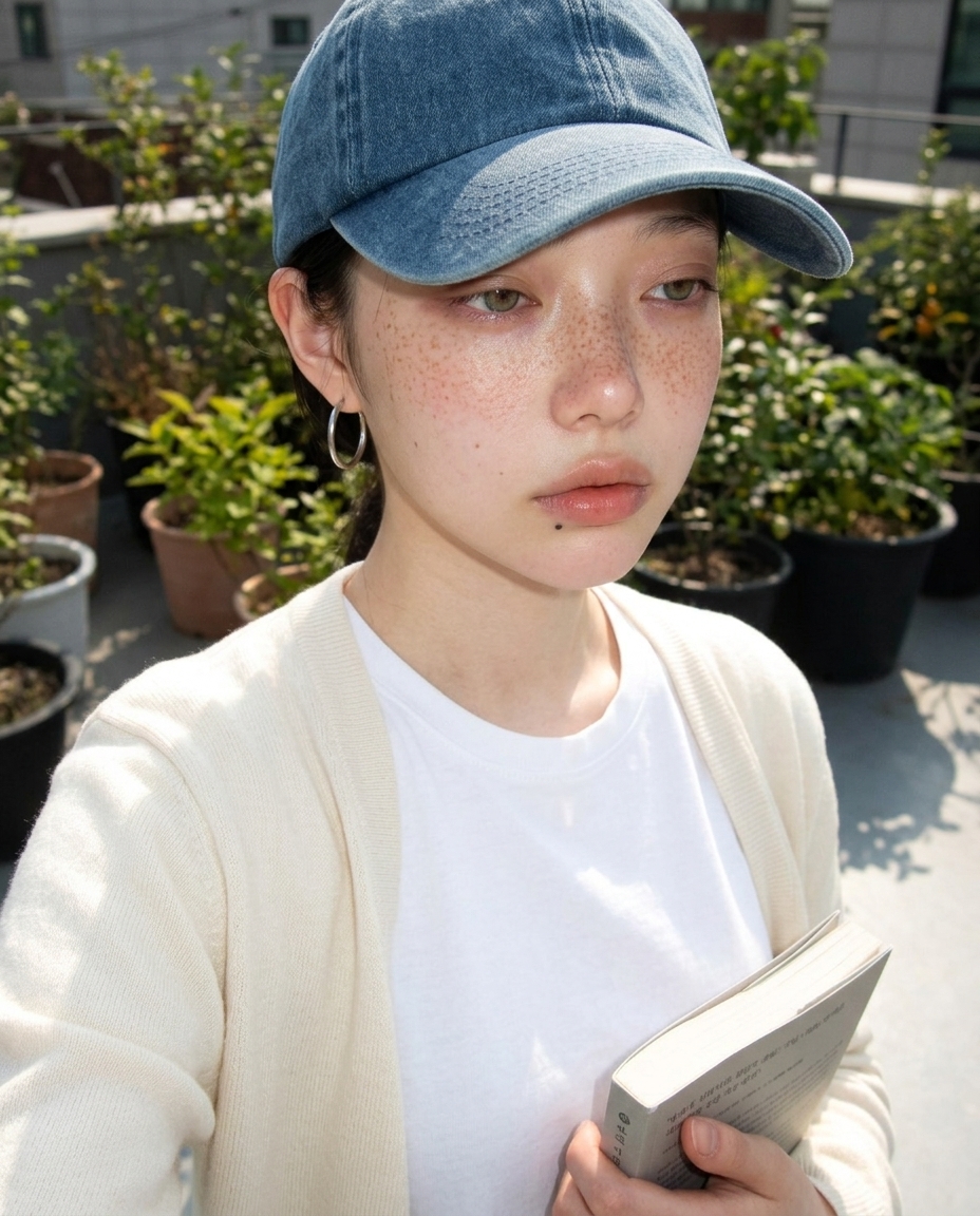 옥상 화단 옆 데님 캡 푹 눌러 단발 가린 흰 티에 크림 카디건 책 한 손 아이스 라떼 옆 사선 자연광 chest-up 셀카