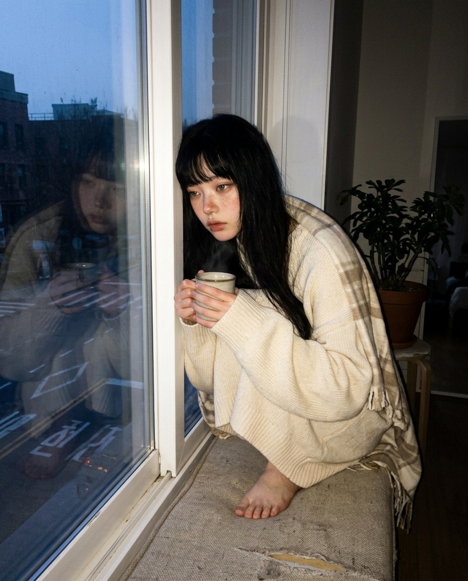 창가에 담요를 두르고 식은 차 머그컵을 두 손으로 감싸쥔 채 동트기 직전 옅게 푸르러지는 창밖을 바라보는 새벽